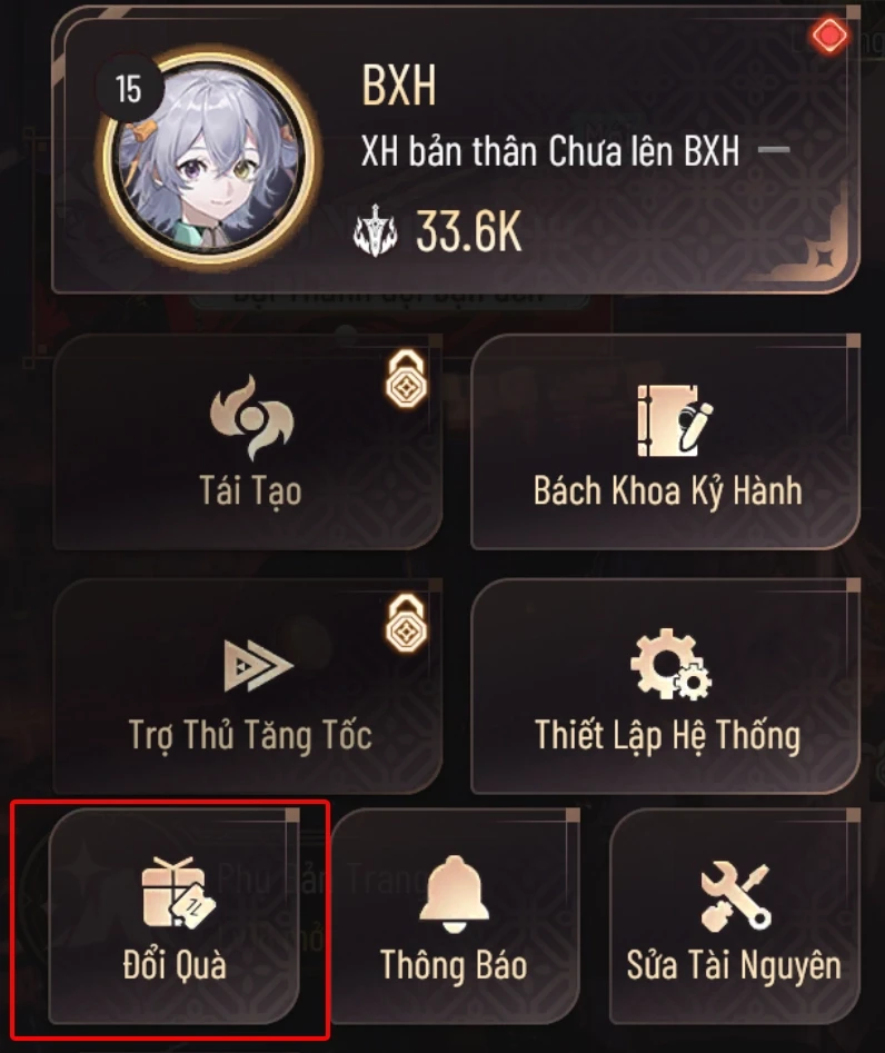 Vào mục Đổi Quà