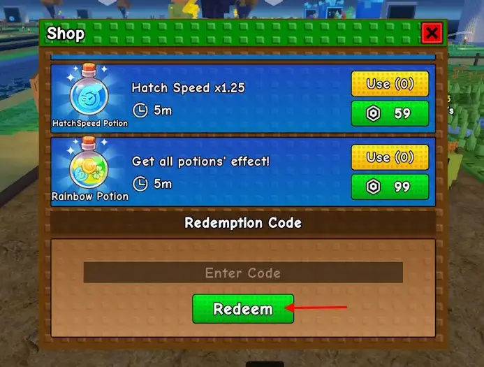 Nhập chính xác mã code Build a Zoo vào ô Enter Code và nhấn nút Redeem
