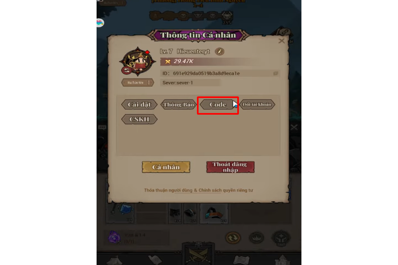 Hãy chọn mục "Code" để truy cập giao diện nhập giftcode