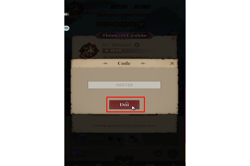 Nhập code Anh Hùng Bất Diệt và nhấn Đổi để hoàn tất quá trình