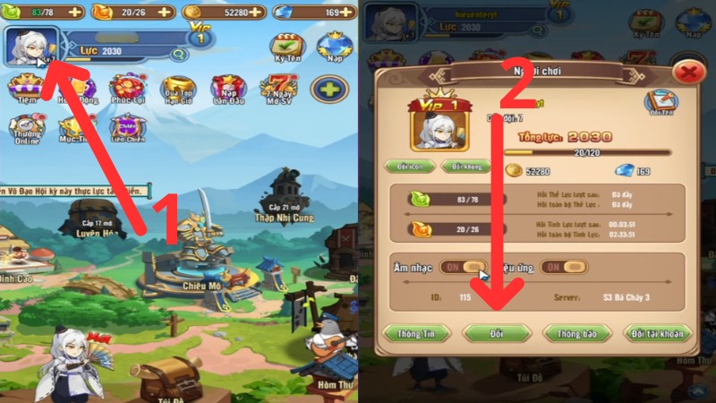 Nhấn vào avatar nhân vật và chọn nút Đổi