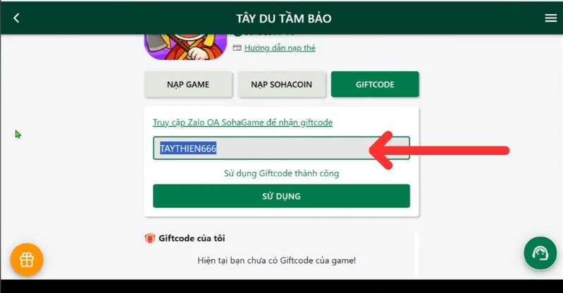 Hãy nhập chính xác mã code Tây Du Tầm bảo vào ô trống và nhấn SỬ DỤNG