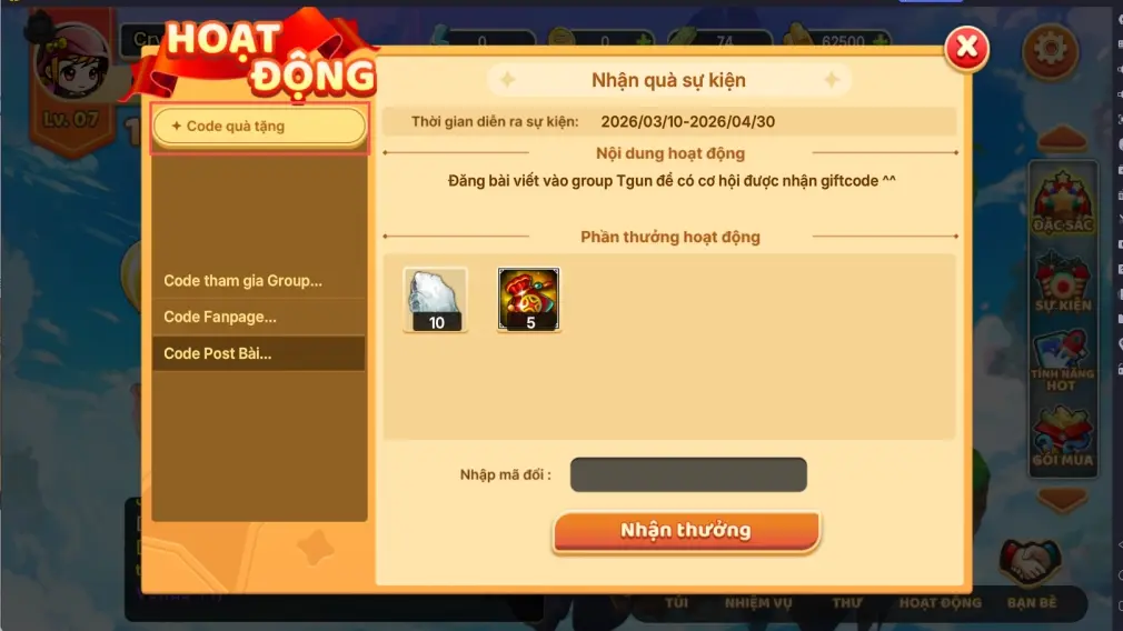 Chọn vào mục Code quà tặng