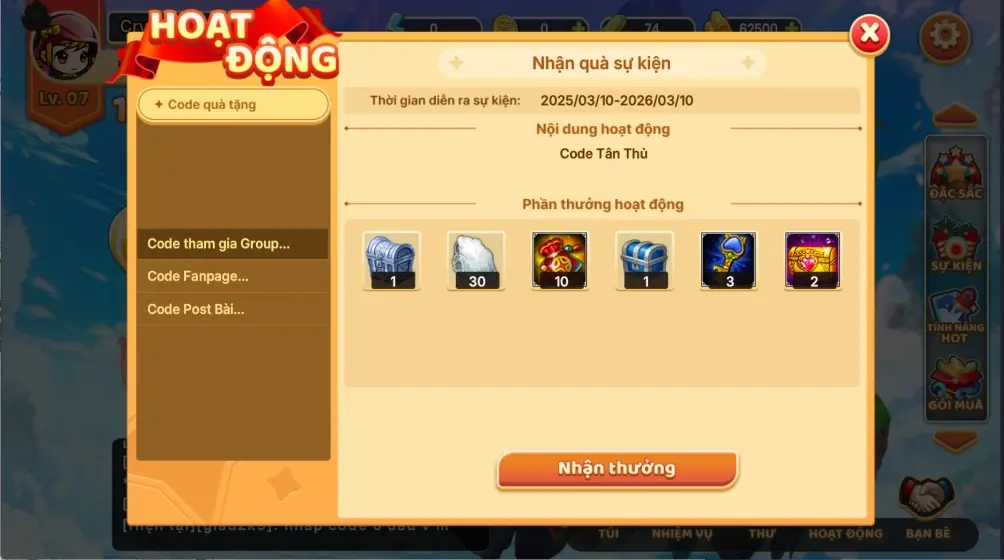 Nhập code TGun Mobile TPL vào ô trống, sau đó nhấn Nhận thưởng