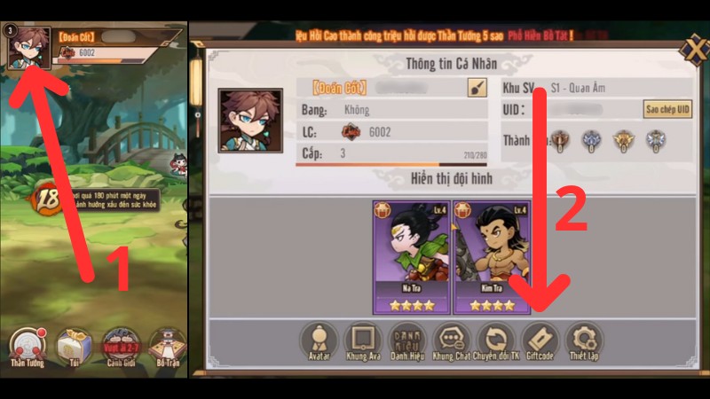 Chạm vào Avatar nhân vật và chọn vào mục Giftcode