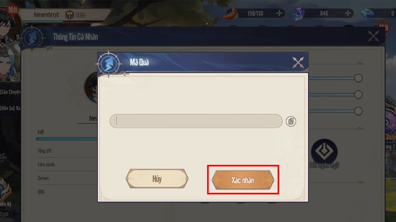 Nhập chính xác code Soul Land vào ô trống và bấm Xác nhận