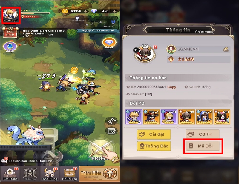 Truy cập vào Avatar nhân vật và chọn vào mục “Mã đổi”