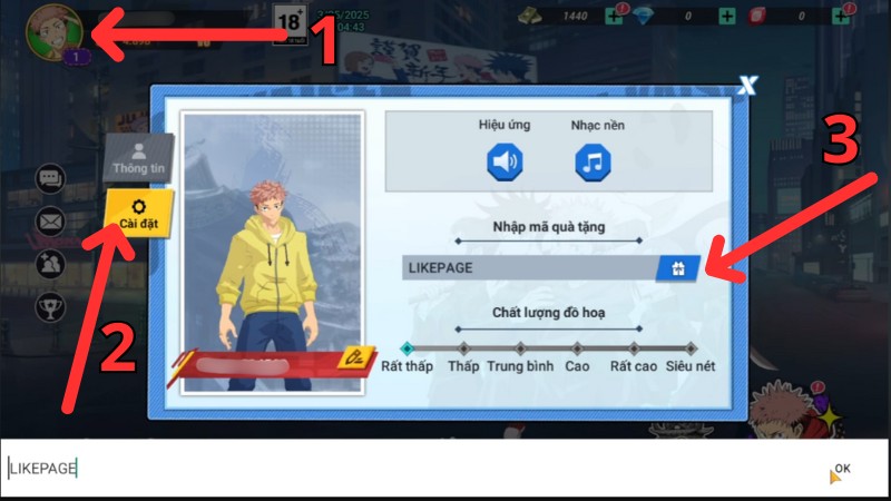 Chọn Avatar, chọn Cài đặt. Nhập code Chú Thuật Đại Chiến vào khung nhập code.