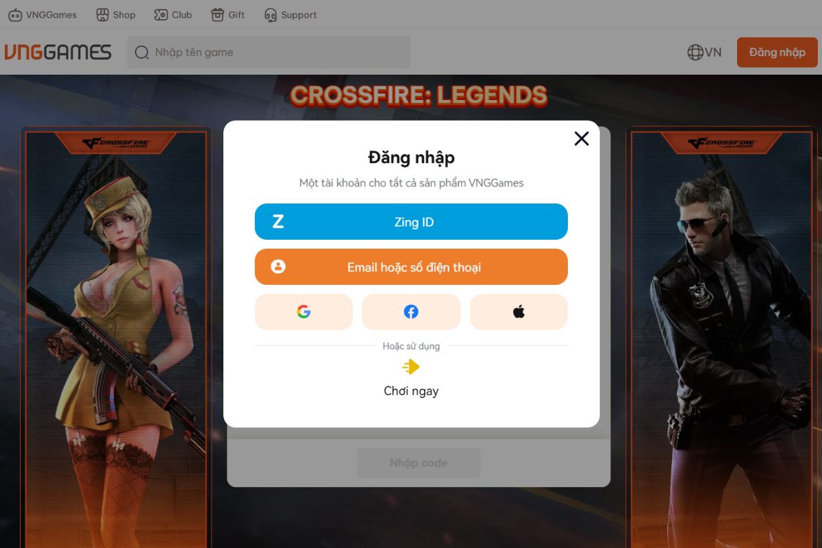 Đăng nhập tài khoản Crossfire Legends đang sử dụng