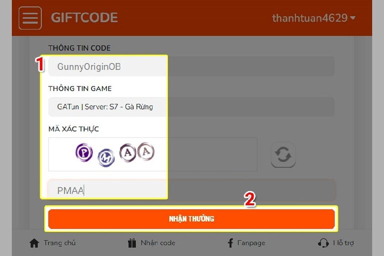 Nhập mã code vào ô “Thông tin code” và nhấn chọn “Nhận thưởng”