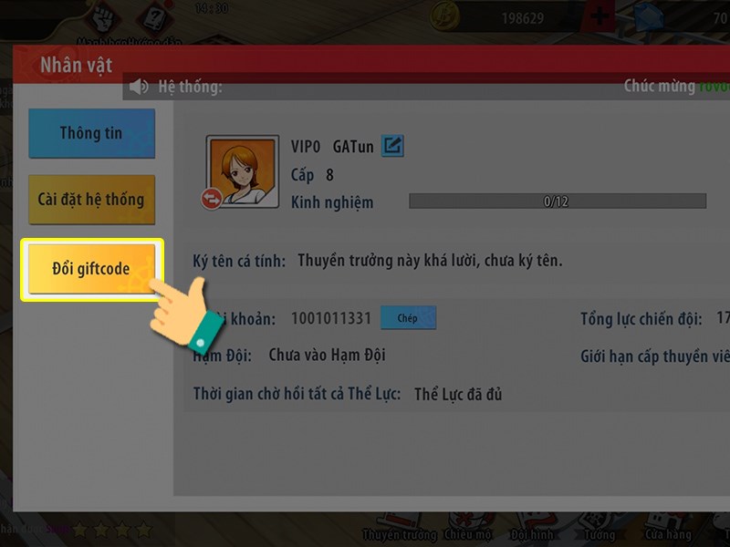 Chọn vào mục “Đổi giftcode”