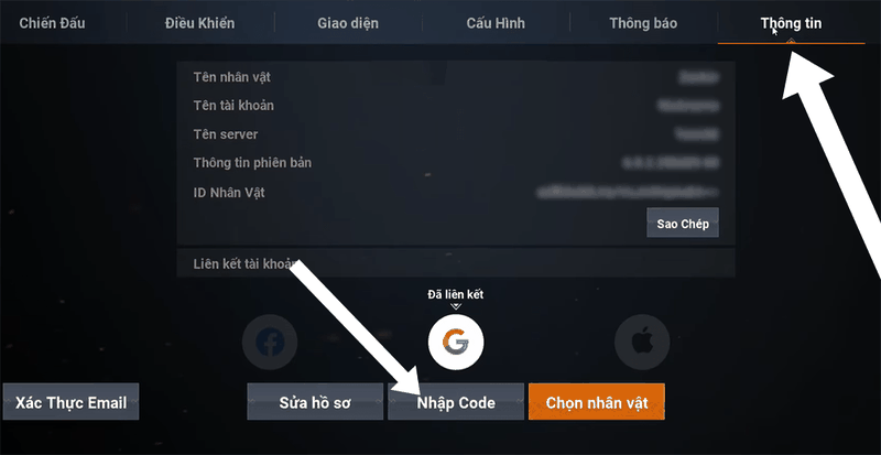 Vào phần Thông tin và chọn Nhập Code