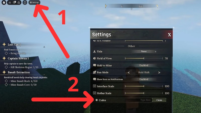 Chọn “Settings”, tại mục Code, hãy nhập mã code The Forge vào ô trống và nhấn Claim