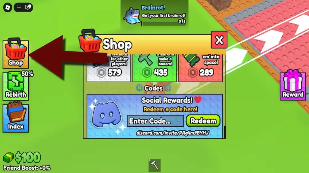 Bước 1: Người chơi truy cập vào game Build a Tower trên nền tảng Roblox. Nhấn chọn mục Shop (Cửa hàng) ở danh sách bên tay trái để mở bảng chức năng