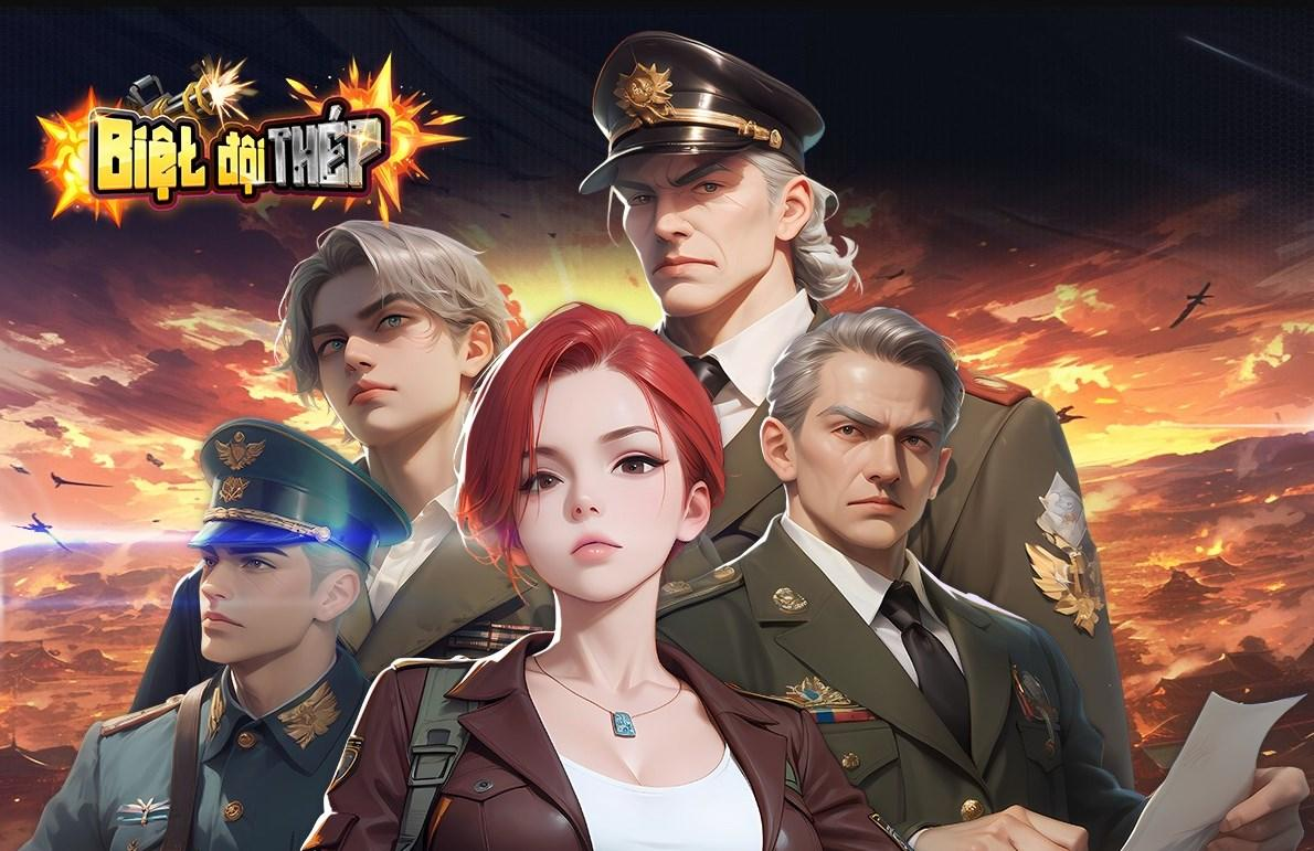 Poster game Biệt Đội Thép, hiển thị một nhân vật nữ tóc đỏ cùng bốn vị sĩ quan quân đội nam