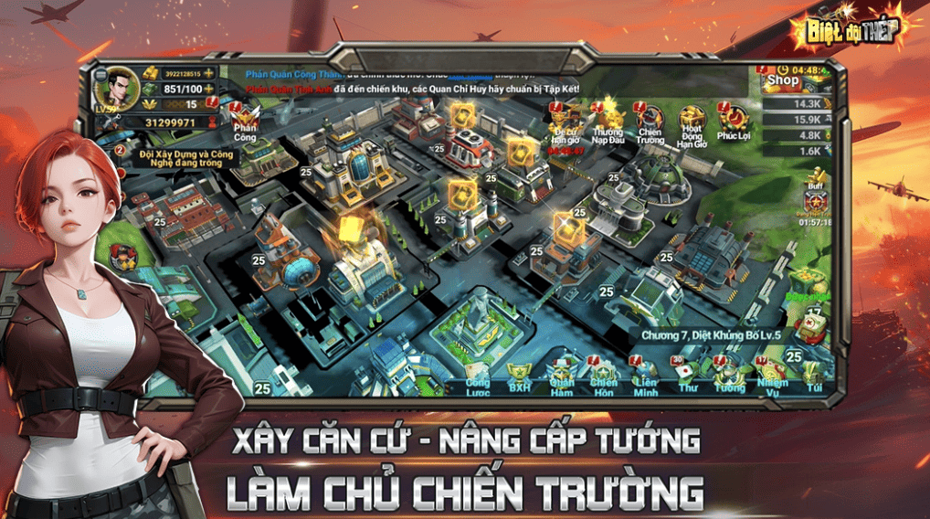 Giao diện xây dựng căn cứ trong game chiến thuật Biệt Đội Thép, hiển thị nhân vật nữ tóc đỏ và thành phố quân sự