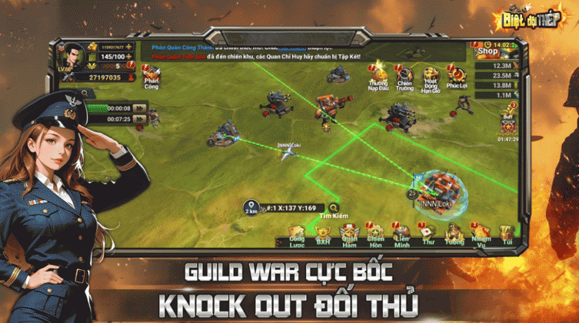 Giao diện Guild War trong game chiến thuật Biệt Đội Thép, hiển thị nhân vật nữ mặc đồng phục quân đội và cảnh chiến đấu trên bản đồ