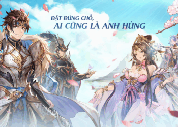 Poster game hiển thị nhân vật (nam mặc giáp, nữ mặc váy) với hoa anh đào