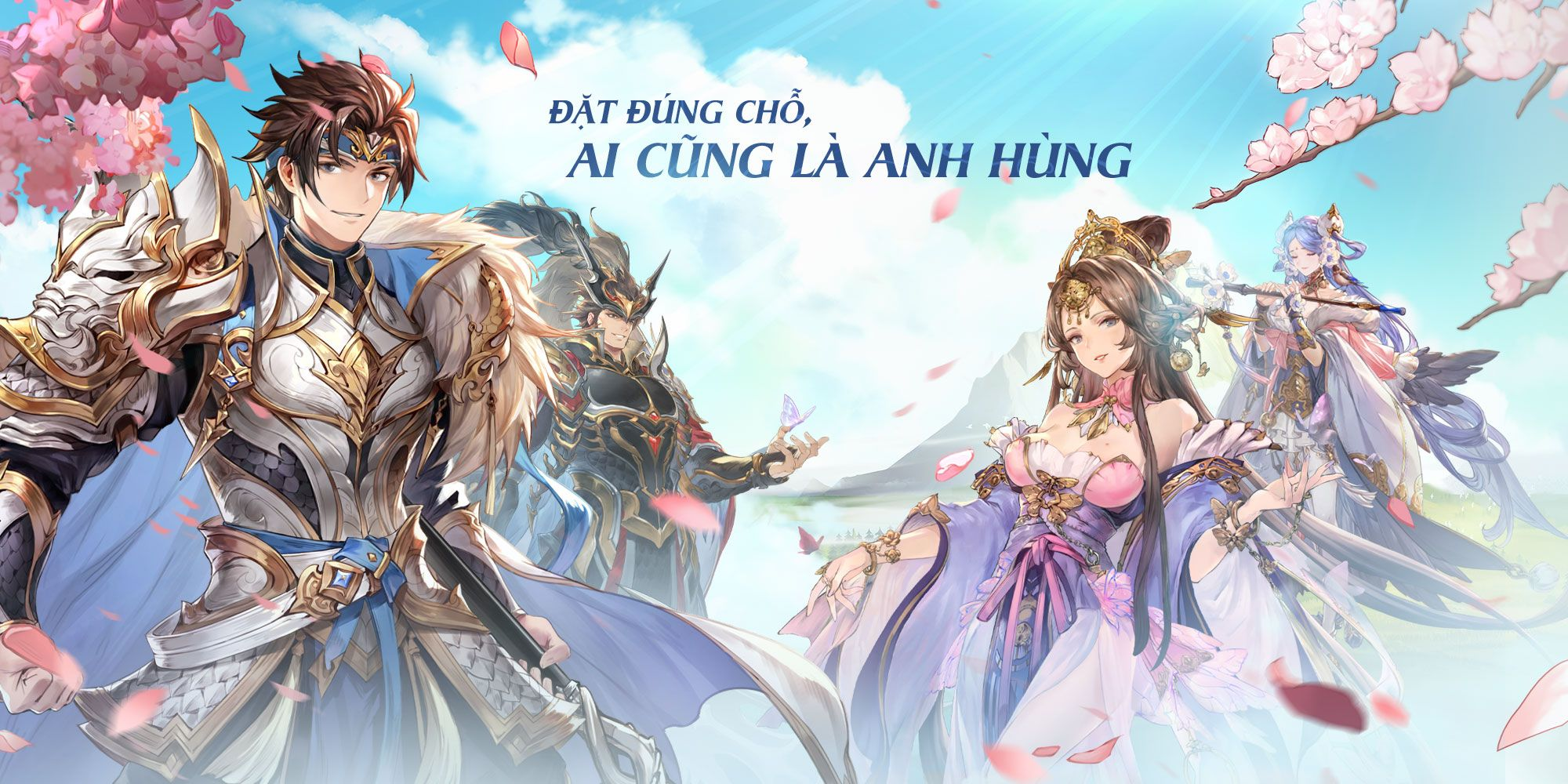 Poster game hiển thị nhân vật (nam mặc giáp, nữ mặc váy) với hoa anh đào