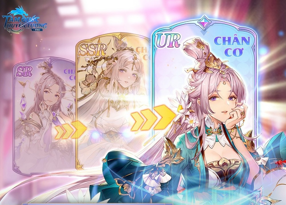 Banner game Tam Quốc Huyễn Tướng, hiển thị nhân vật nữ Chân Cơ được thăng cấp từ SR lên SSR và cuối cùng là UR.