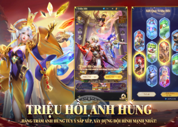 Giao diện game với nhân vật nữ thần và màn hình triệu hồi anh hùng, hiển thị nhiều thẻ nhân vật đa dạng và rực rỡ