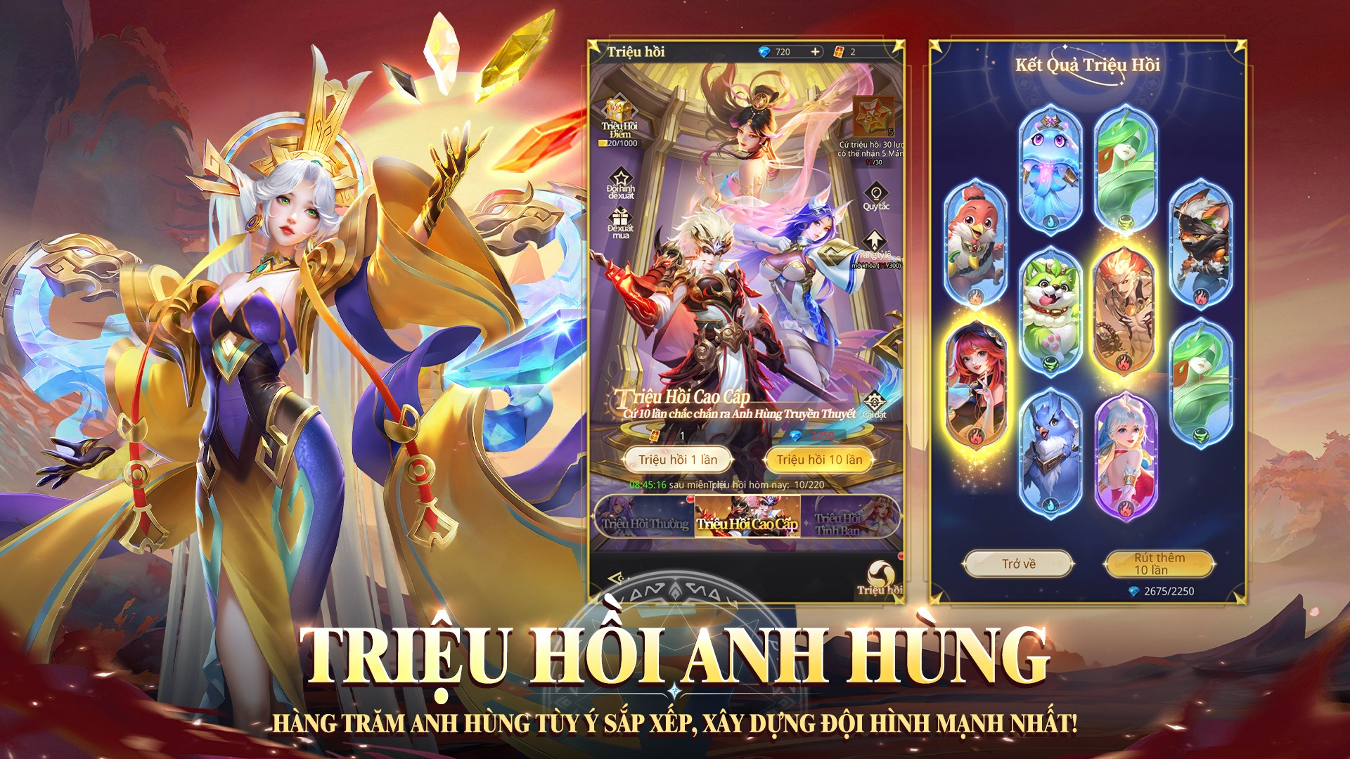 Giao diện game với nhân vật nữ thần và màn hình triệu hồi anh hùng, hiển thị nhiều thẻ nhân vật đa dạng và rực rỡ