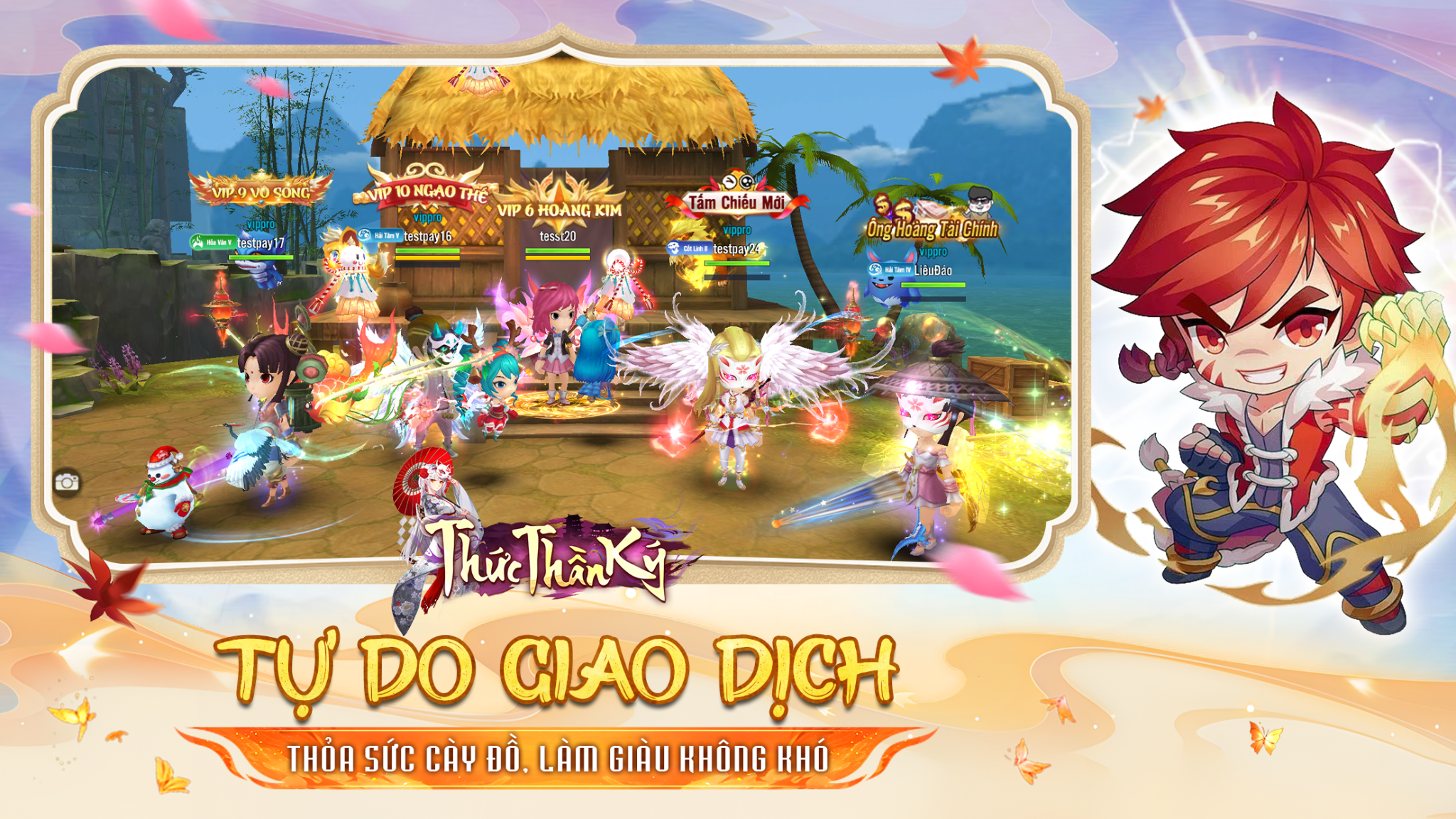 Game Thức Thần Ký với cảnh cộng đồng người chơi đang giao dịch và chiến đấu, cùng nhân vật chibi nam tóc đỏ