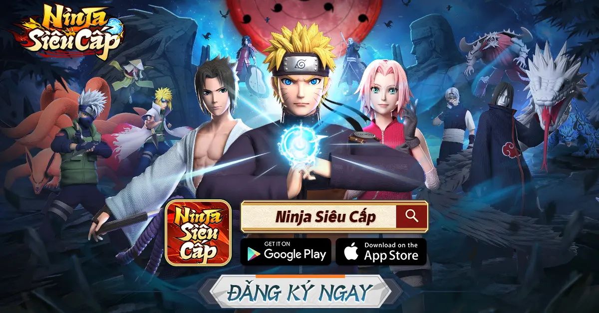 Hình ảnh game Ninja Siêu Cấp với Naruto, Sasuke, và Sakura cùng các nhân vật khác