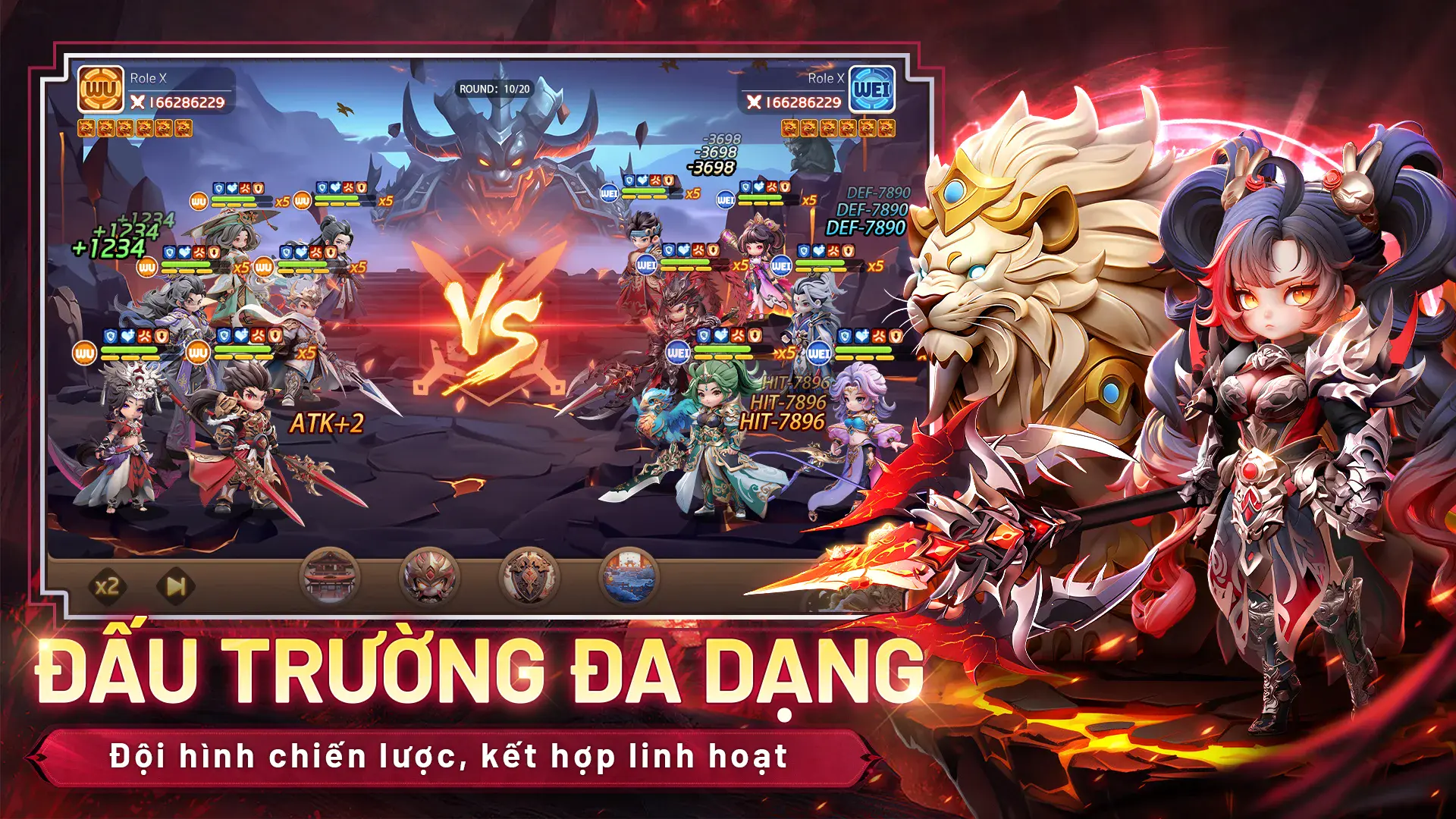 Màn hình trò chơi chiến thuật (SRPG) với trận chiến 5v5 giữa hai đội hình nhân vật