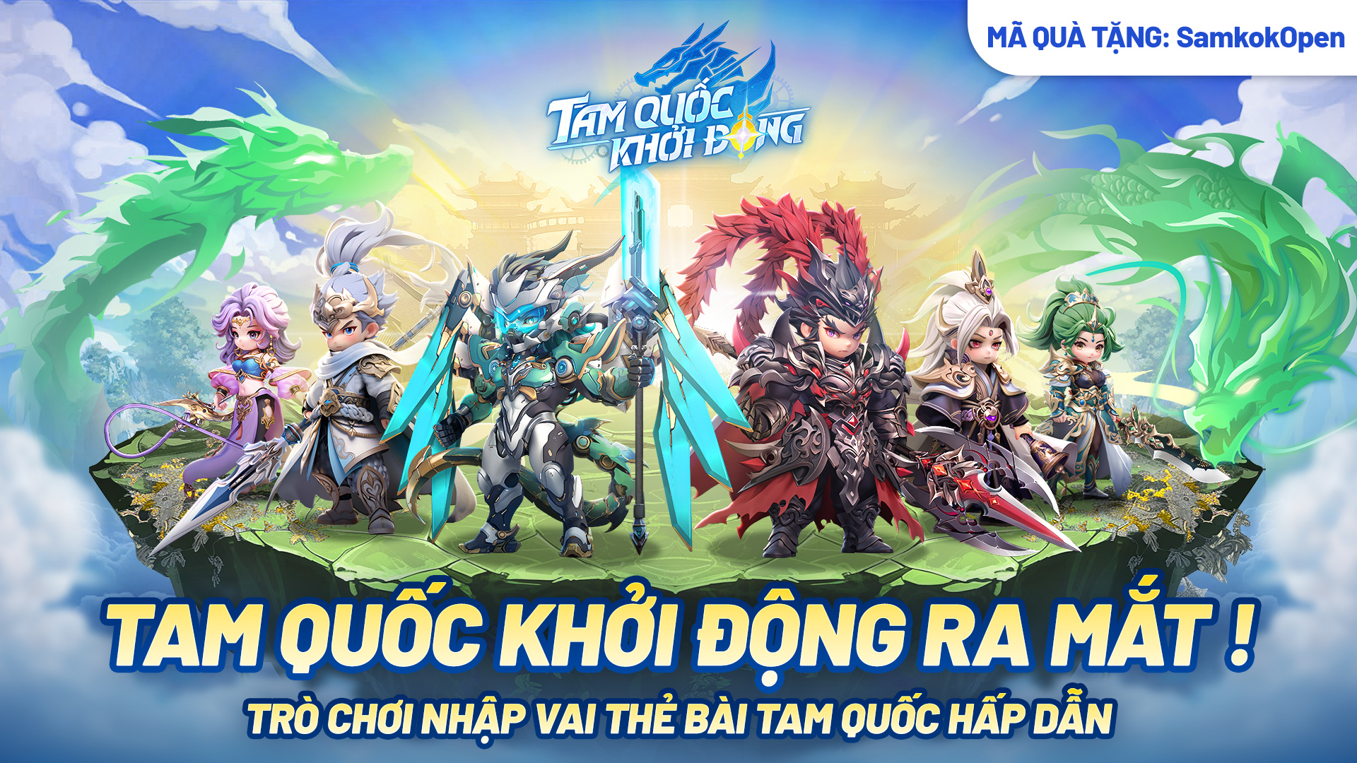 Game di động "Tam Quốc Khởi Động" với 5 nhân vật chibi hóa trang phục chiến binh Tam Quốc đứng trên chiến trường