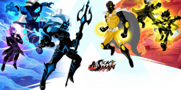 Nhân vật Stickman màu xanh và vàng đối đầu nhau trong game AI Stickman