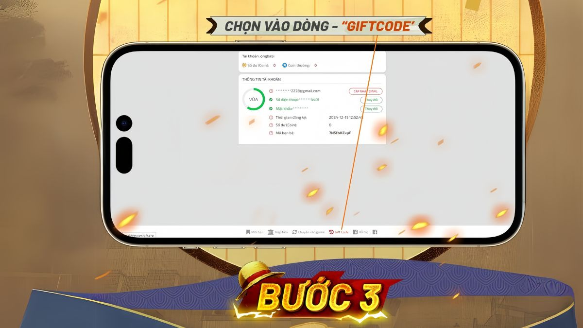 Bước 3: Chọn mục Giftcode trong menu. Tại đây, bạn nhập mã code GOMU Đại Chiến mà bạn có vào ô yêu cầu.