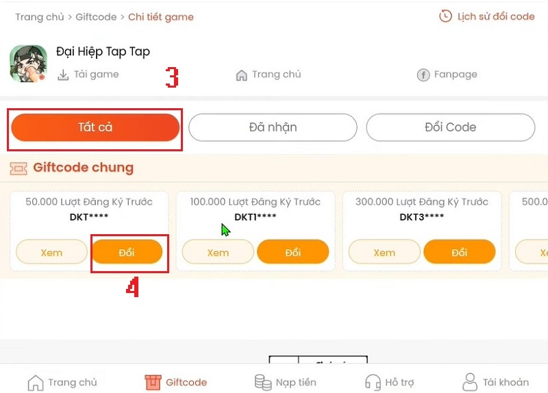Bước 3: Nhấn vào mục Tất cả để xem danh sách các code hiện có, sau đó click vào nút Đổi tại mã code mà bạn muốn nhận phần thưởng.