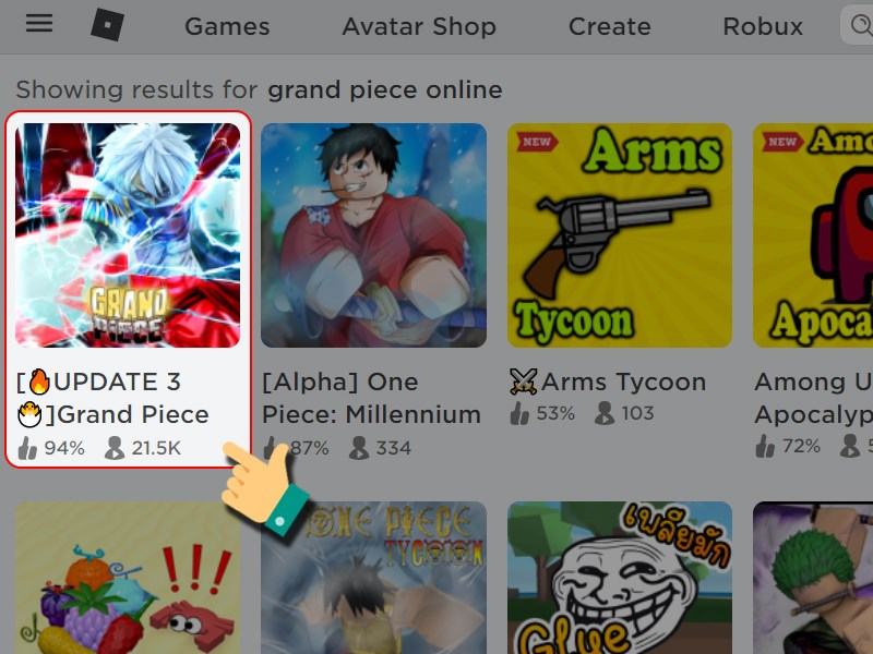 Bước 1: Người chơi cần đăng nhập vào tài khoản Roblox, sau đó tìm kiếm Grand Piece Online trên thanh tìm kiếm và nhấn vào game