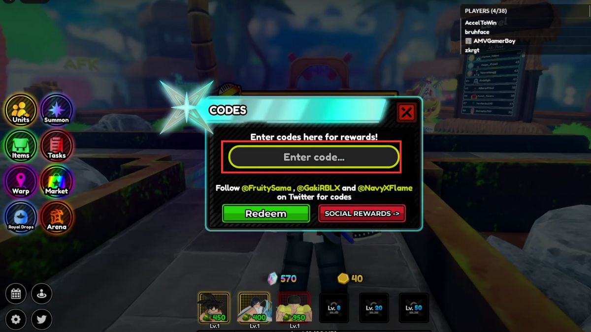 Nhập chính xác code All Star Tower Defense X mới nhất vào ô Enter Code