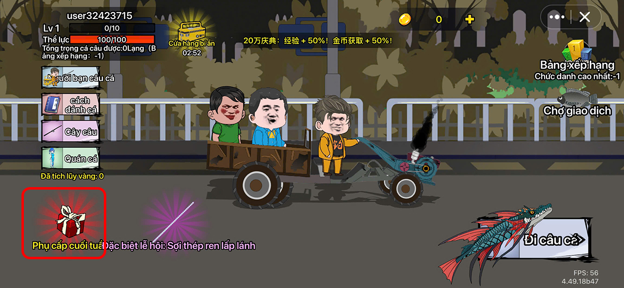 Bước 1: Người chơi mở game Câu Cá Vạn Cân trên thiết bị đang sử dụng. Tại màn hình chính, hãy tìm và nhấn vào biểu tượng hộp quà màu đỏ nằm ở góc dưới bên trái