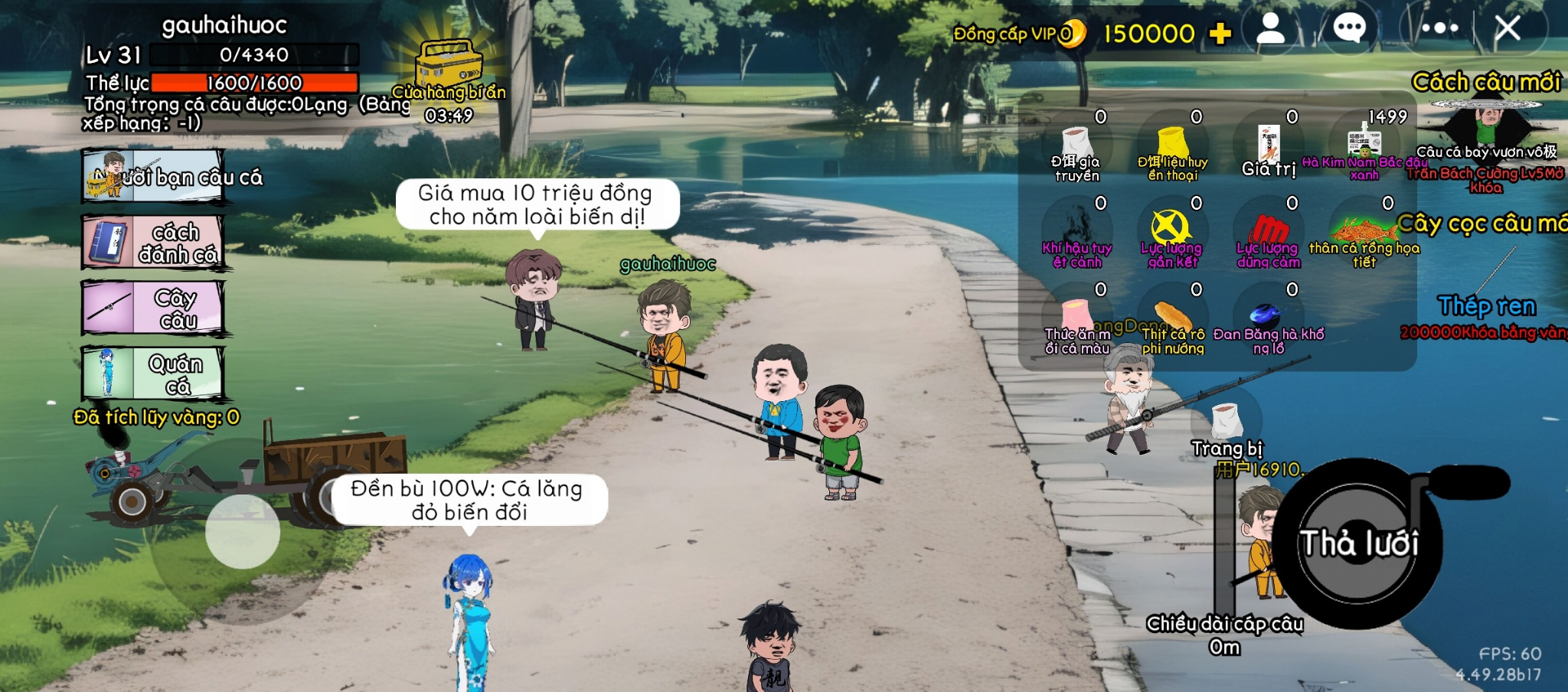 Các nhân vật trong game đang câu cá và đang đối thoại với nhau