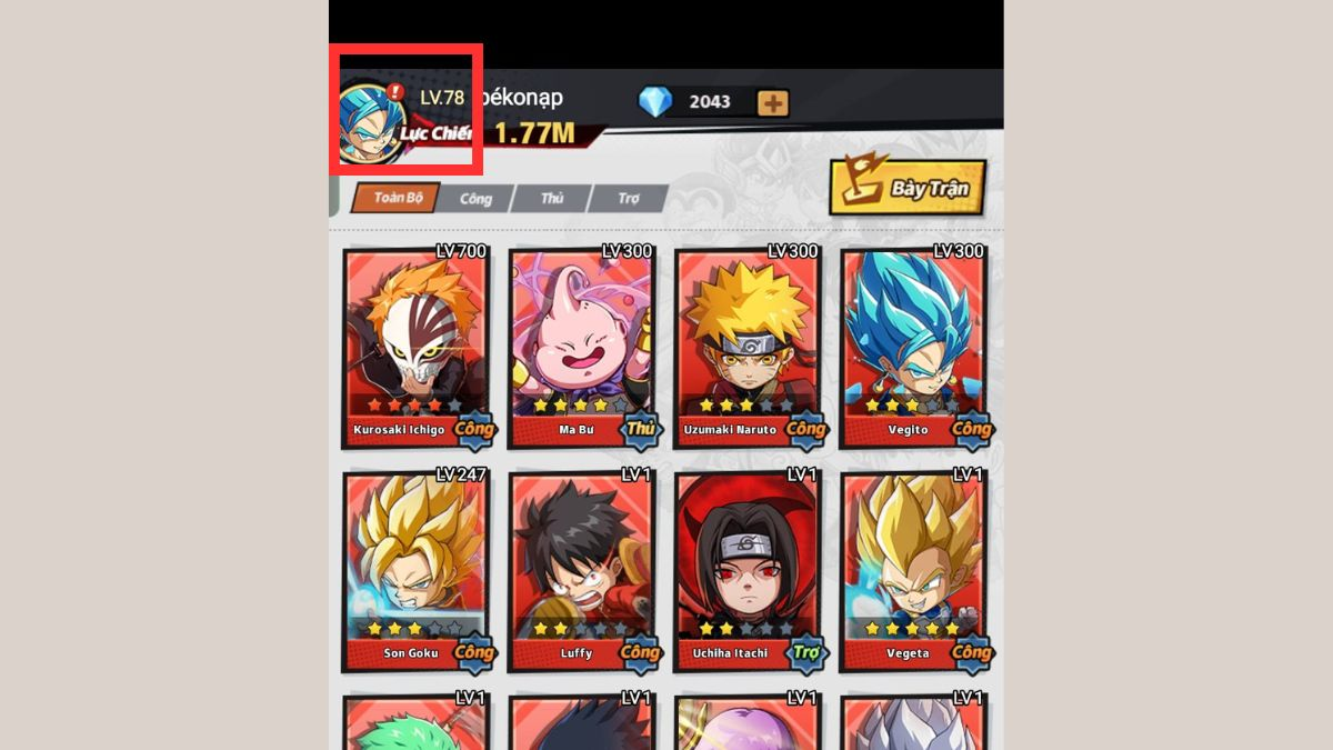 Bước 1: Người chơi mở game Đầu To Tới Đây, sau đó nhấn vào biểu tượng Avatar nằm ở góc trên bên trái màn hình chính để truy cập hồ sơ cá nhân