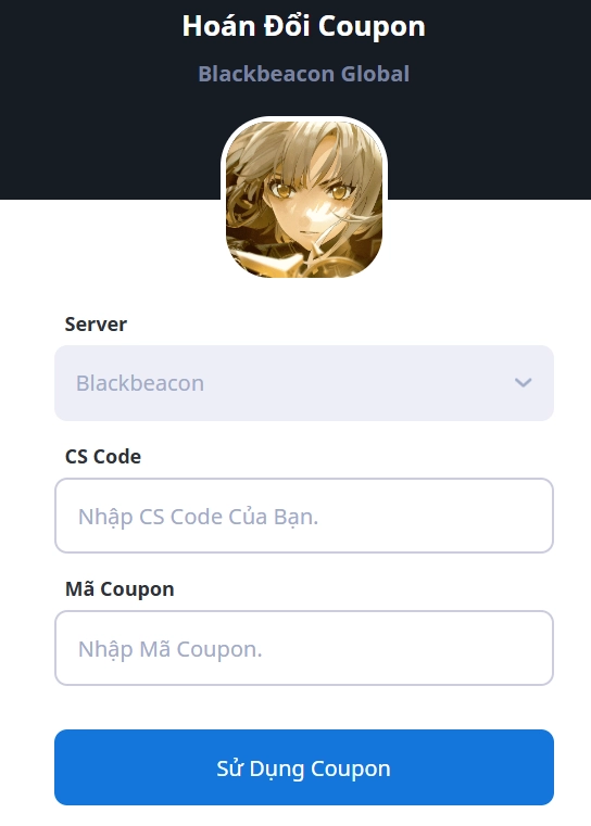 Bước 4 nhập mã code ngay phần “CS code” và bấm “Sử dụng Coupon”