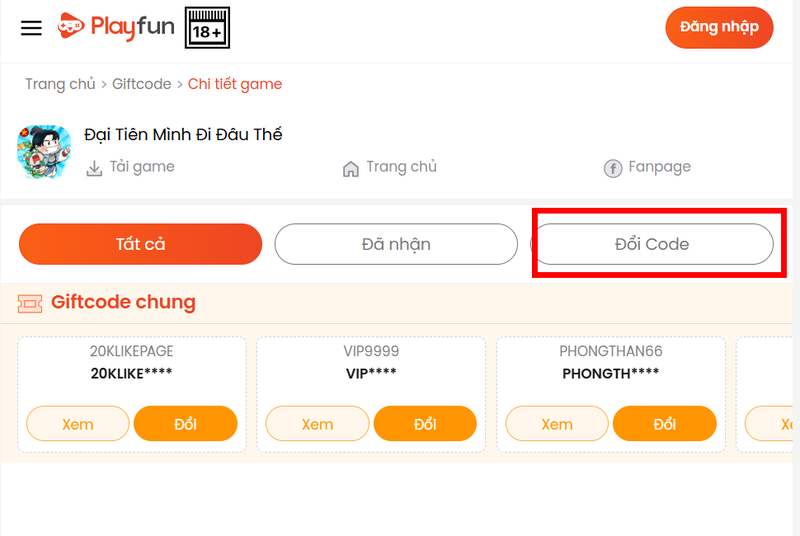 Bước 2 tìm tựa game Đại Tiên Mình Đi Đâu Thế và chọn mục “Đổi code”