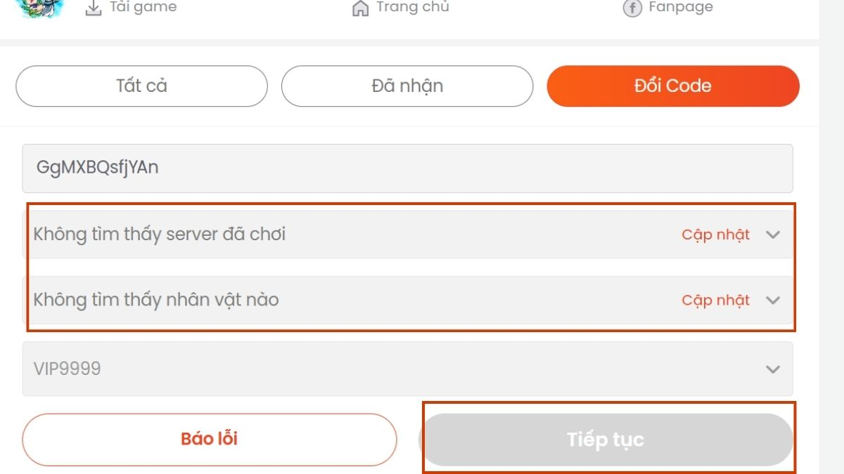 Bước 3 chọn máy chủ (Server), nhân vật và sau đó nhấn “Tiếp tục” để nhận thưởng