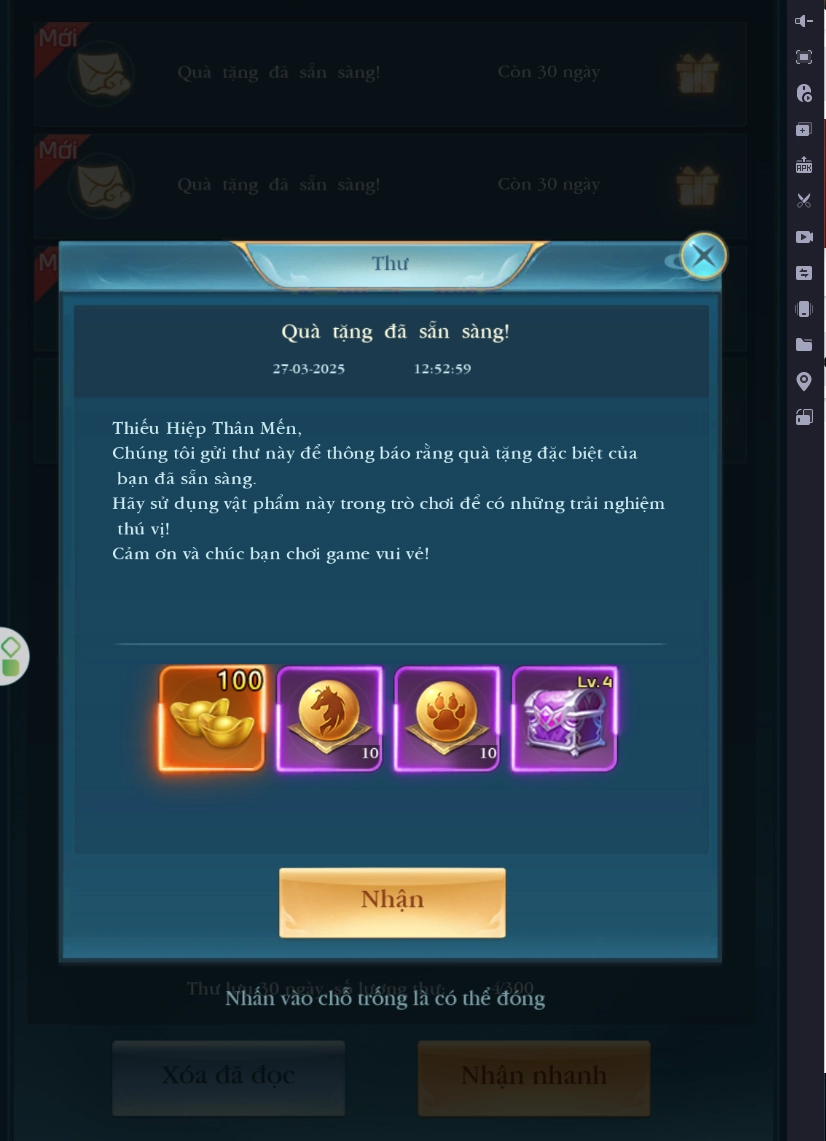 Sau khi nhập mã thành công, người chơi vào mục “Thư” để nhận quà từ game Nhất Kiếm Phục Ma