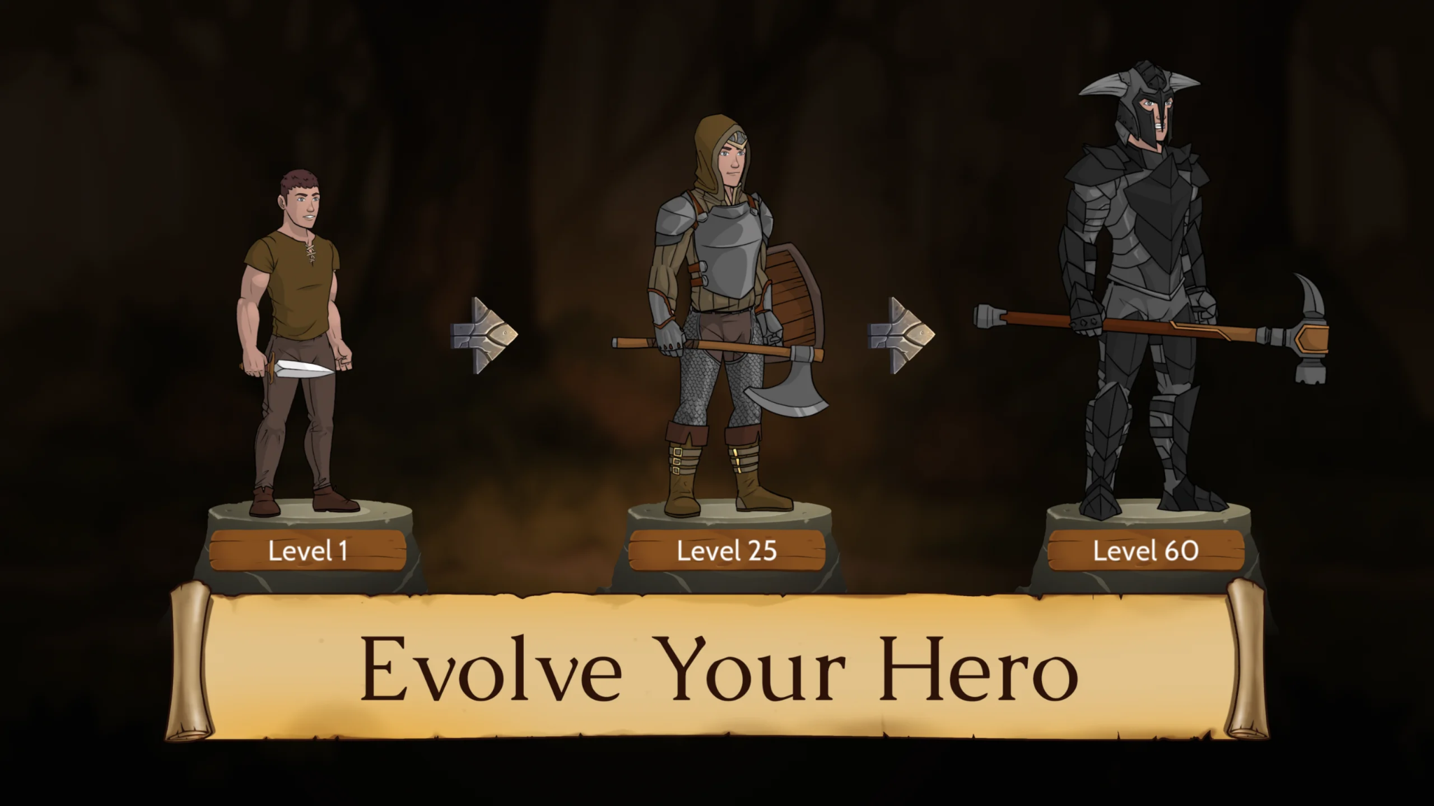Nhân vật game theo từng level trong game Obsidian Knight RPG