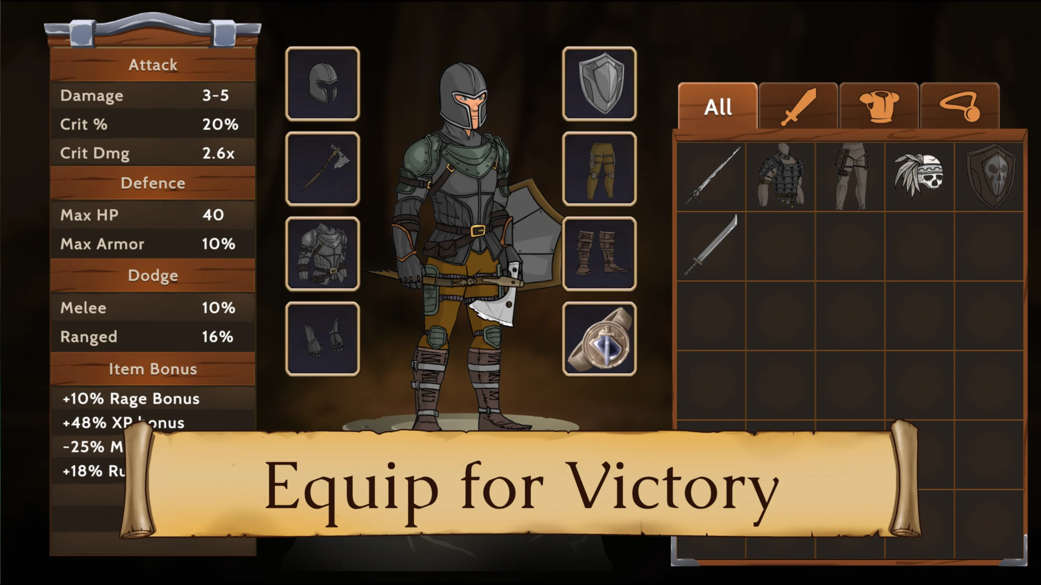 Thông tin trang bị của nhân vật game trong Obsidian Knight RPG