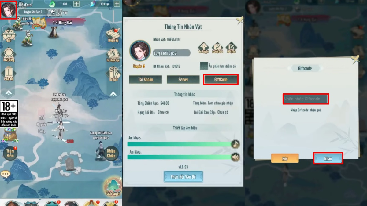 Nhấn vào Avatar nhân vật ở giao diện chính. Chọn mục Giftcode trong bảng menu thông tin cá nhân. Nhập mã code chính xác và nhấn Nhận.