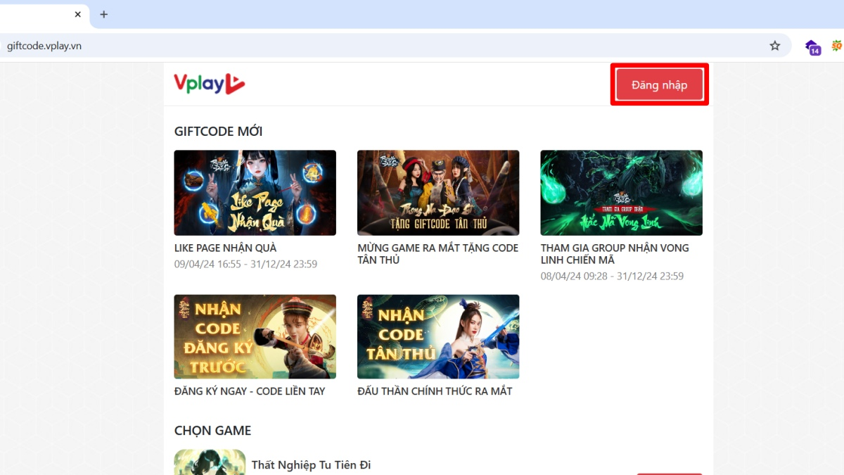 Bước 1: Truy cập trang giftcode của Vplay, sau đó đăng nhập bằng tài khoản đã liên kết với Thất Nghiệp Tu Tiên Đi