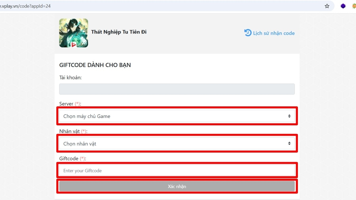 Bước 4: Nhập đầy đủ thông tin gồm server, nhân vật và chính xác mã code Thất Nghiệp Tu Tiên Đi, sau đó nhấn Xác nhận để hoàn tất quá trình đổi quà