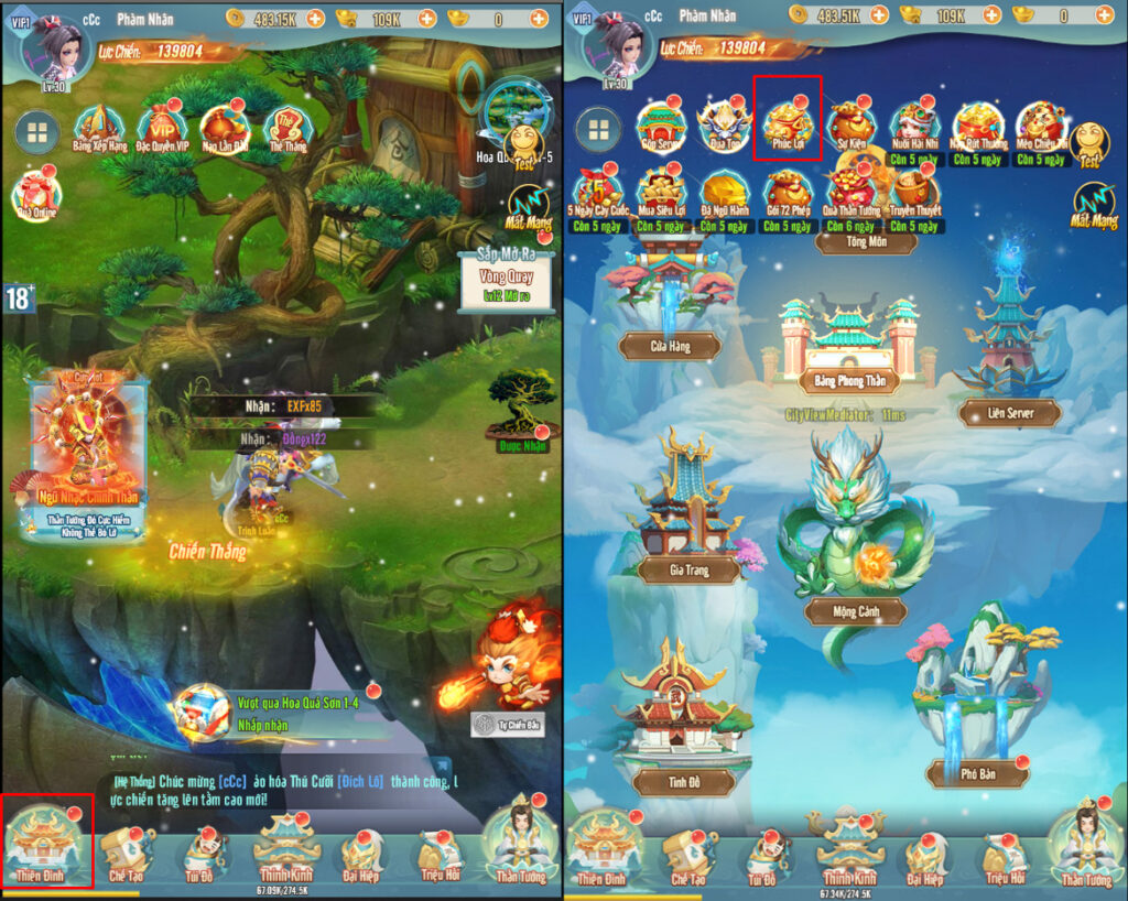 Bước 1: Đăng nhập vào game Đại Hiệp Thỉnh Kinh và truy cập giao diện chính. Tại đây, bạn chọn tab Thiên Đình, lưu ý rằng nhân vật cần đạt level 40 để mở khóa khu vực này, sau đó nhấn vào biểu tượng Phúc Lợi