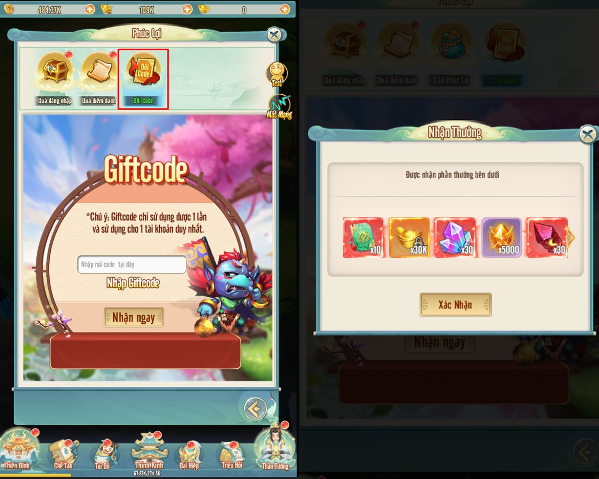 Chọn Đổi Code, nhập chính xác code Đại Hiệp Thỉnh Kinh rồi nhấn Nhận Ngay. Khi báo thành công, phần thưởng sẽ được cộng thẳng vào Túi Đồ