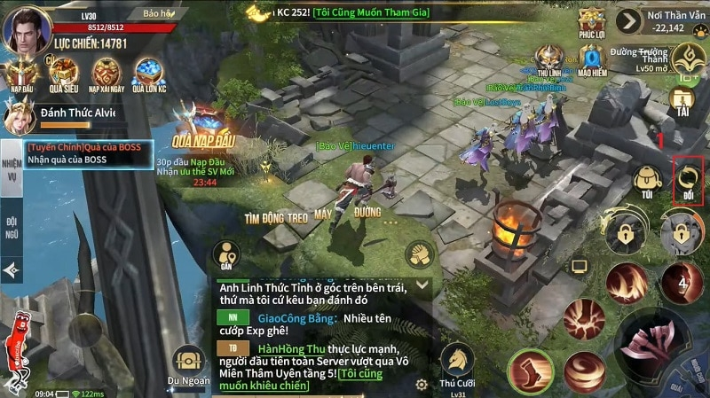 Bước 1: Người chơi mở game Lục Địa Thần Hỏa cần đăng nhập vào tài khoản đang sử dụng. Tại giao diện màn hình chính, phía bên phải và nhấn chọn mục Đổi